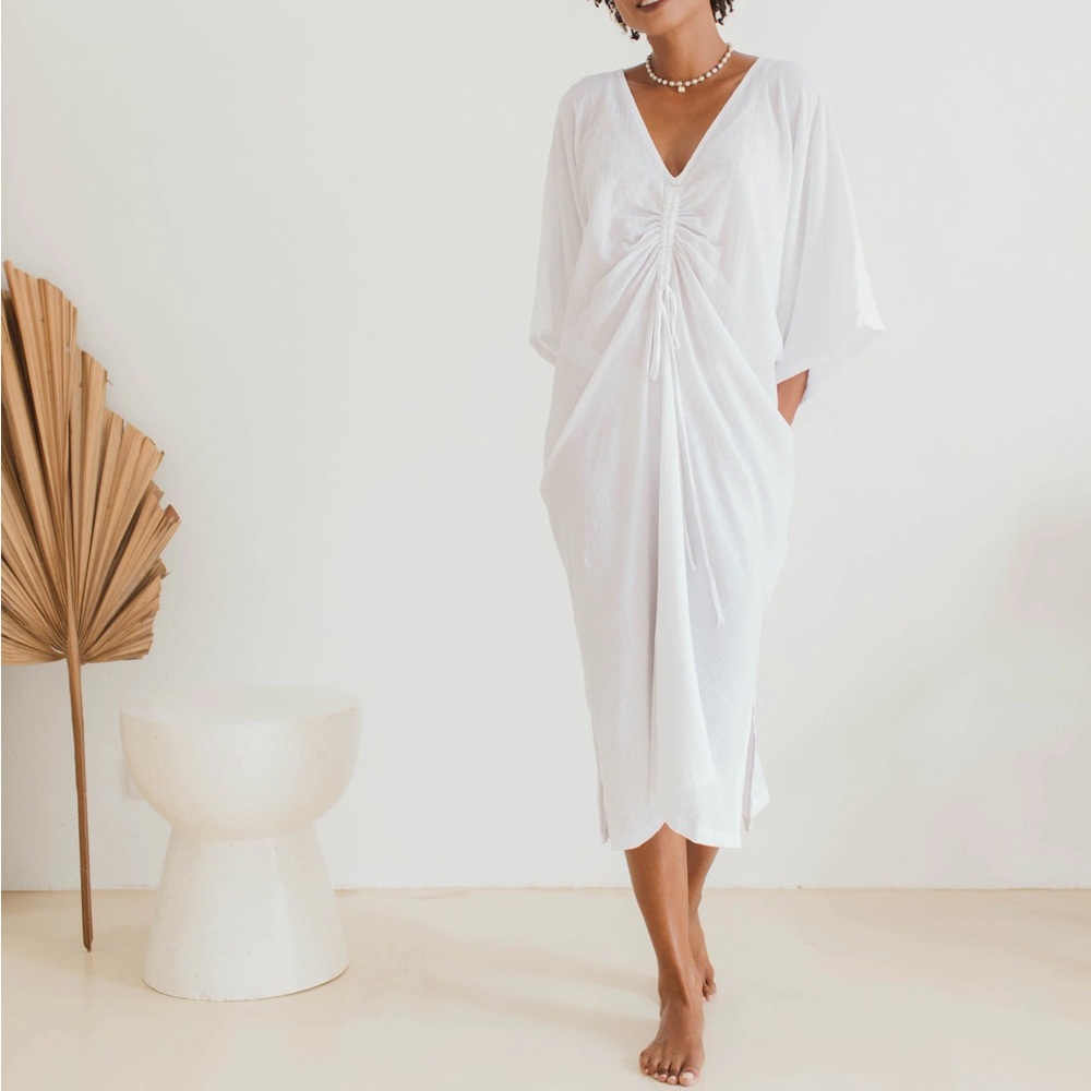 ANNA KAY White Ruched V-Neck Long Sleeve Dress Deep V - Picture 1 of 4